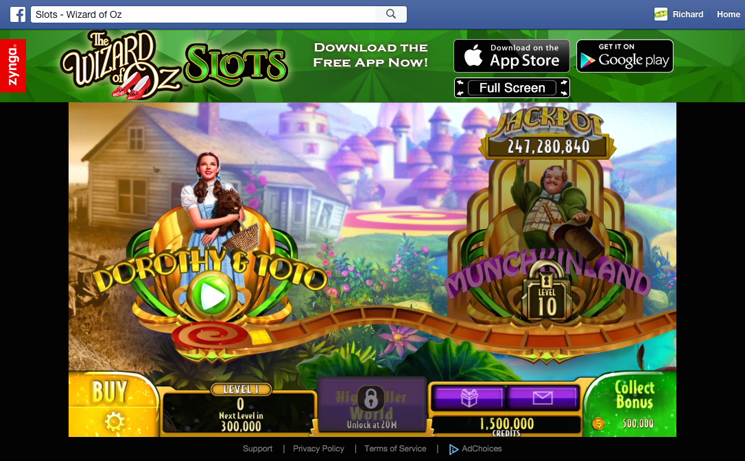 The Wizard of Oz Slots map screen